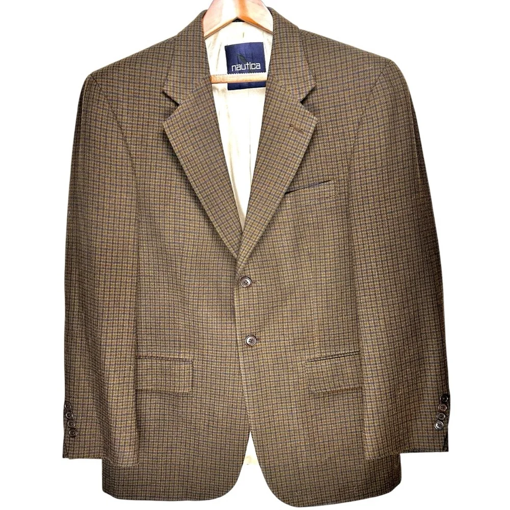 VTG Nautica Men's 44R Houndstooth Sport Coat Brown Tweed Blazer Jacket 2 Button